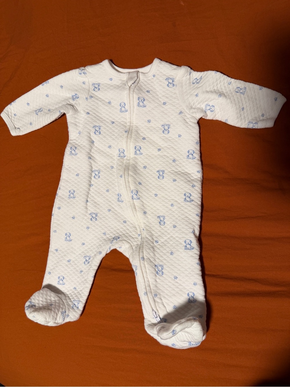 Quilted White Baby One-Piece Bodysuit with Light Blue Print